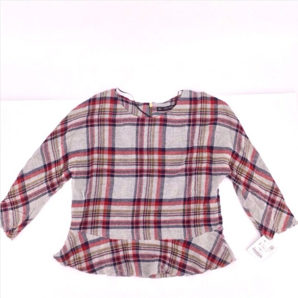 Zara Basic Plaid Blouse Peplum Short Sleeve Top Size Small - Picture 1 of 11